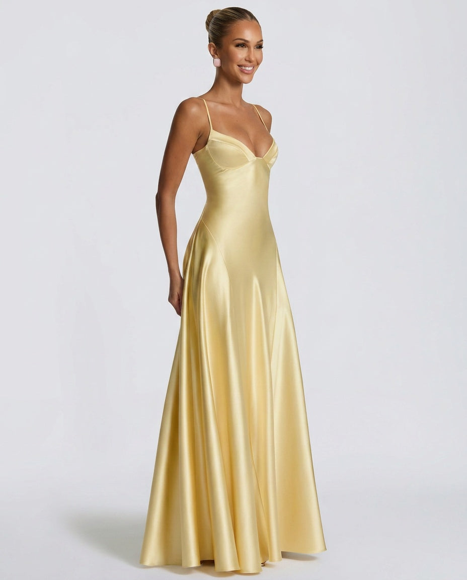 Darya Satin Sheen A-Line Spaghetti Strap Maxi Dress - Yellow
