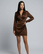 Elena Collared Long Sleeve Ruched Satin Sheen Mini Dress - Brown