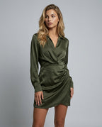 Elena Collared Long Sleeve Ruched Satin Sheen Mini Dress - Army Green