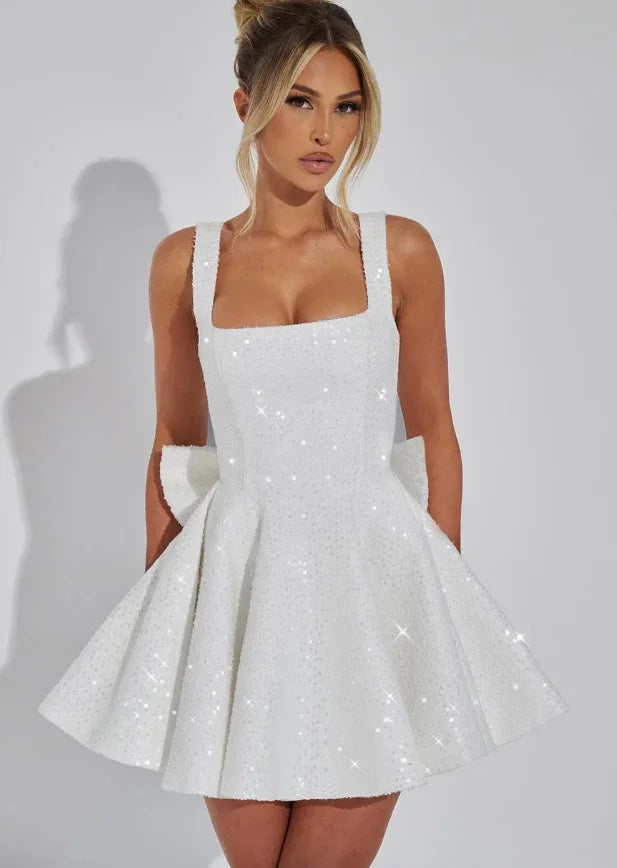 Elin Sleeveless Allover Sequin A-Line Mini Dress - White