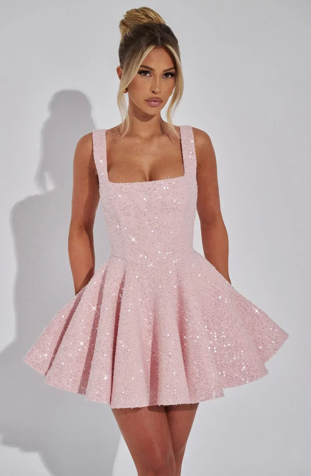 Elin Sleeveless Allover Sequin A-Line Mini Dress - Pink