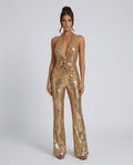 Elisa Gold Sequin Draped Halter Wide Leg Jumpsuit - Gold