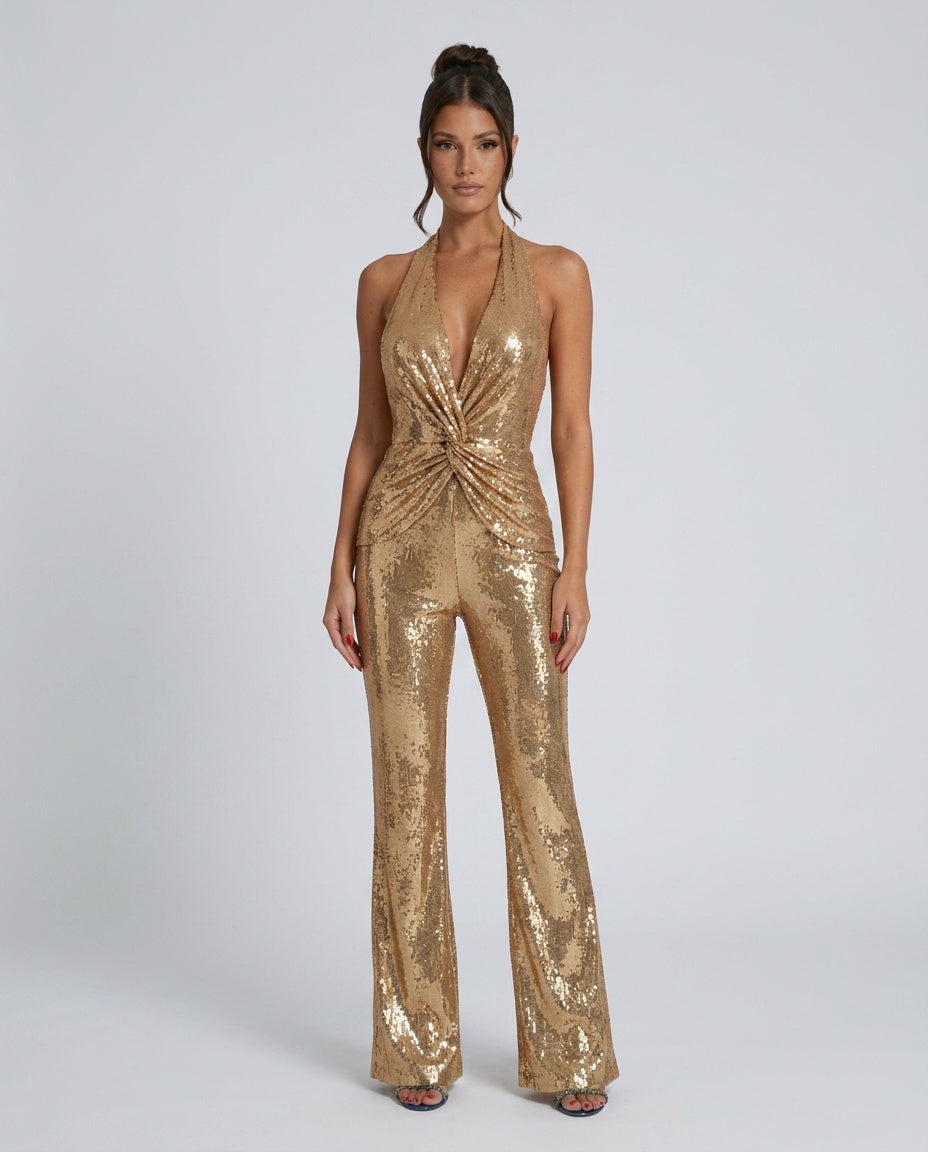 Elisa Gold Sequin Draped Halter Wide Leg Jumpsuit - Gold