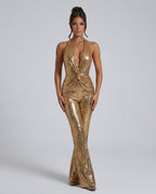 Elisa Gold Sequin Draped Halter Wide Leg Jumpsuit - Gold