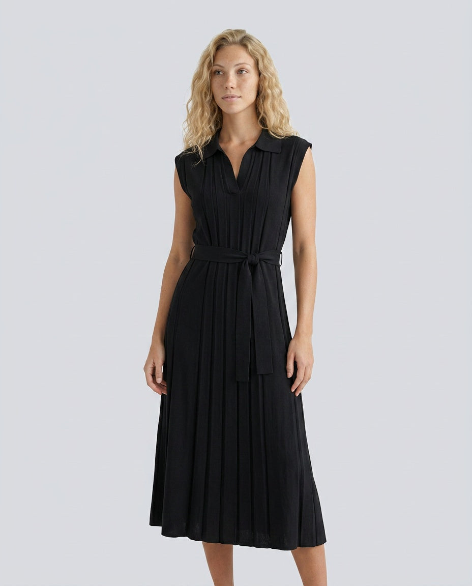 Etta Pleated Sleeveless Belted A-Line Midi Dress - Black