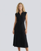Etta Pleated Sleeveless Belted A-Line Midi Dress - Black