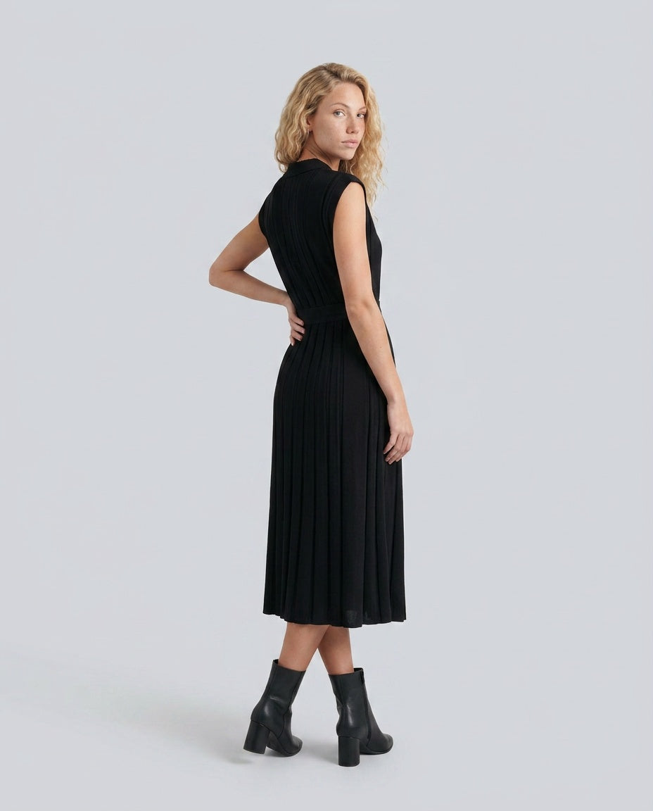 Etta Pleated Sleeveless Belted A-Line Midi Dress - Black