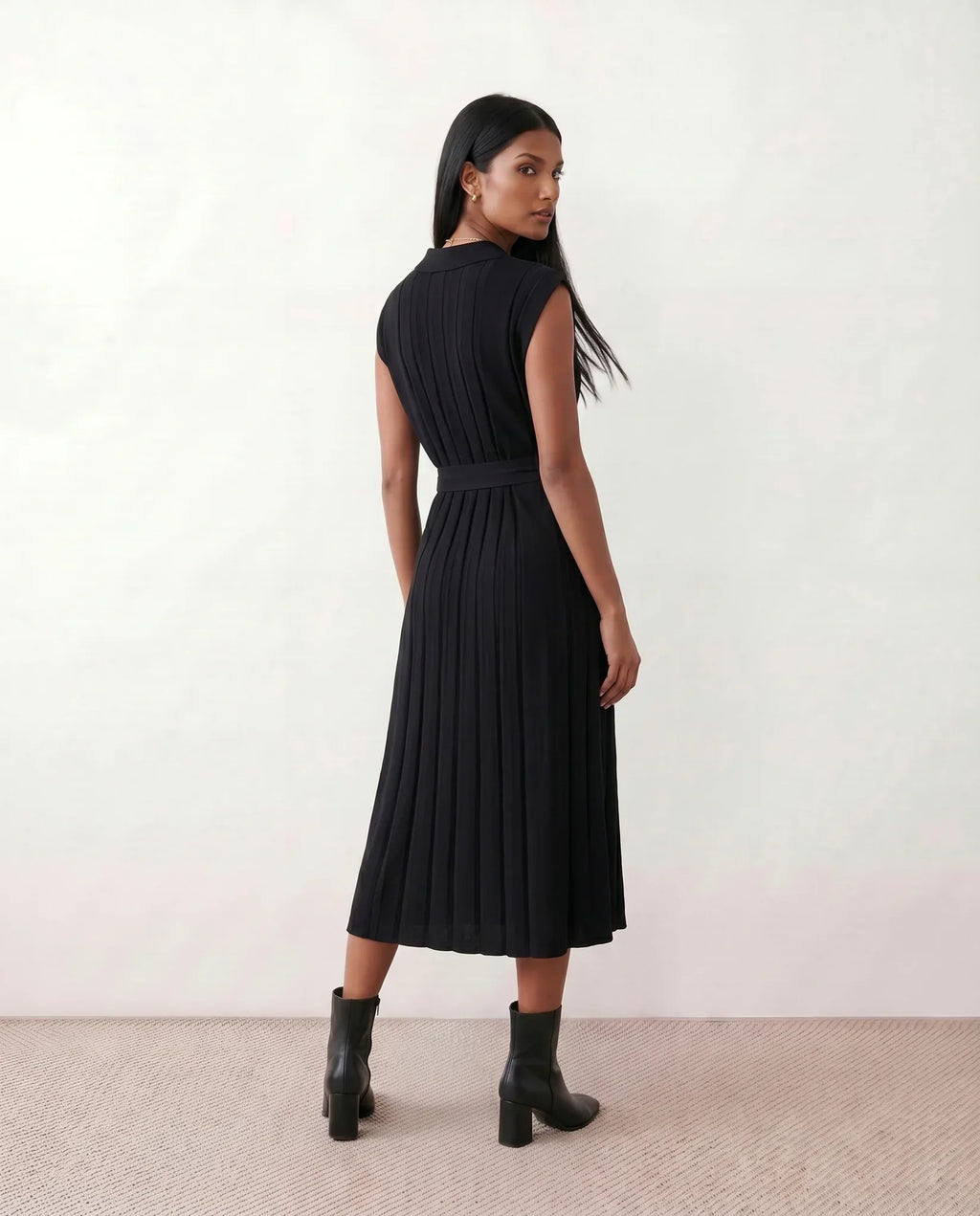 Etta Pleated Sleeveless Belted A-Line Midi Dress - Black