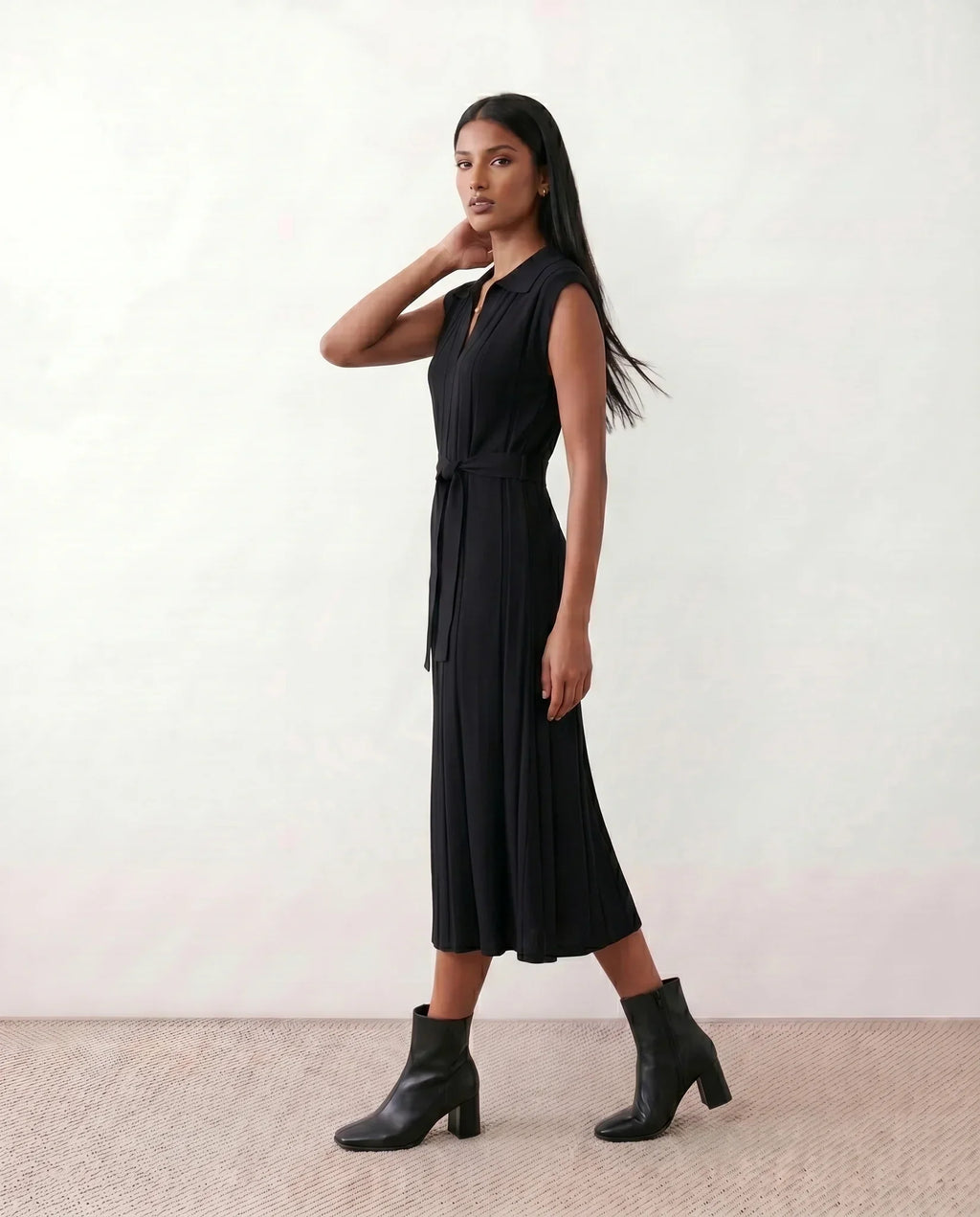 Etta Pleated Sleeveless Belted A-Line Midi Dress - Black