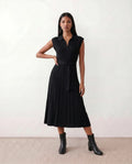 Etta Pleated Sleeveless Belted A-Line Midi Dress - Black