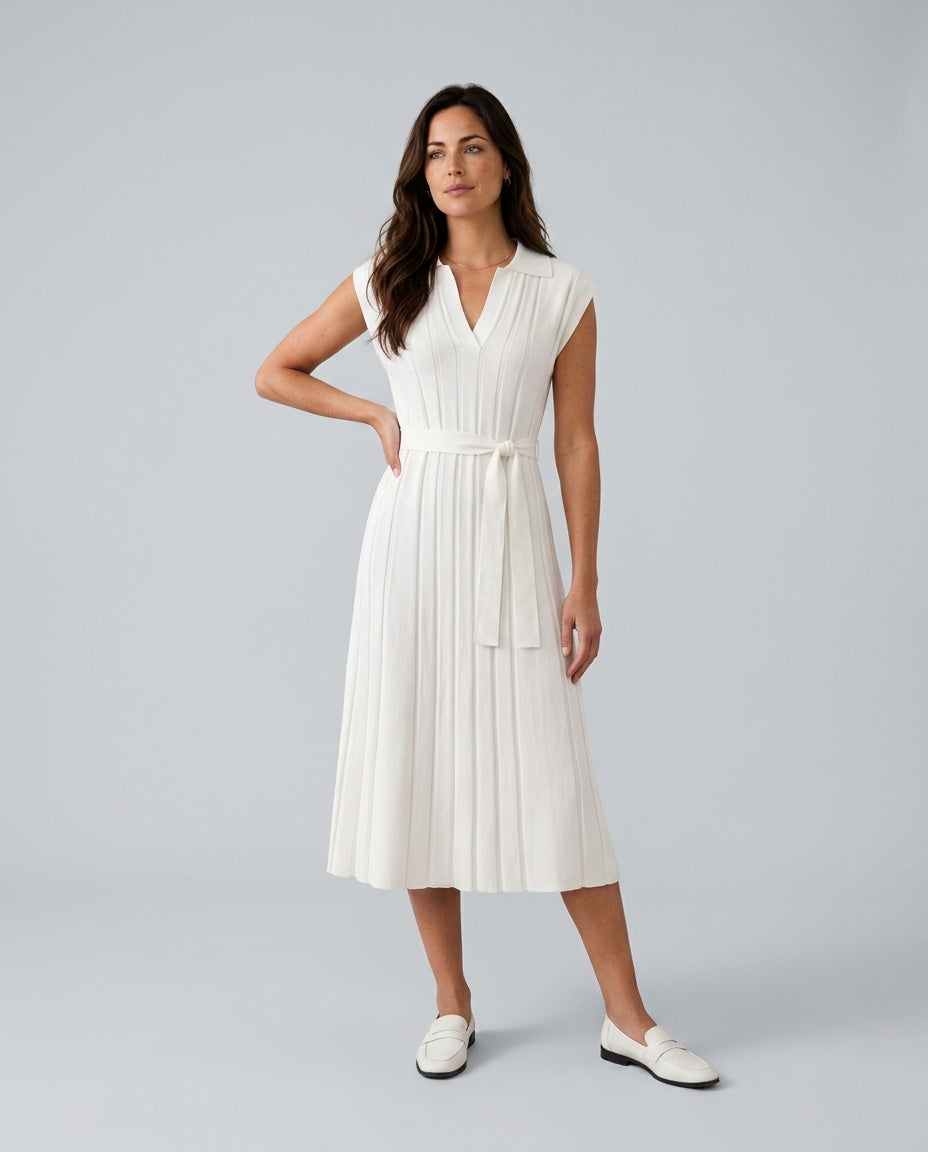 Etta Pleated Sleeveless Belted A-Line Midi Dress - White