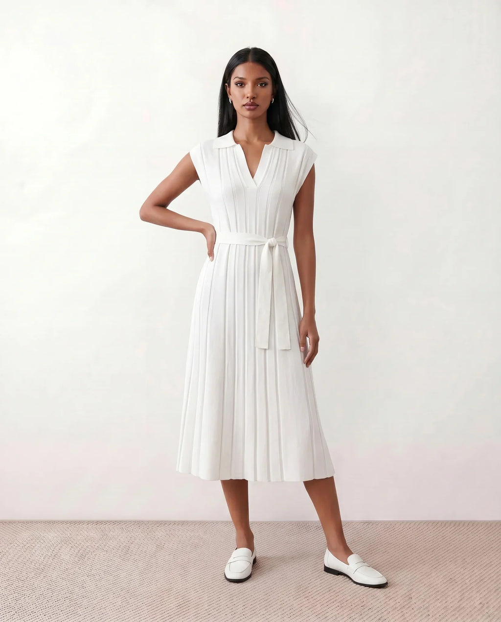 Etta Pleated Sleeveless Belted A-Line Midi Dress - White