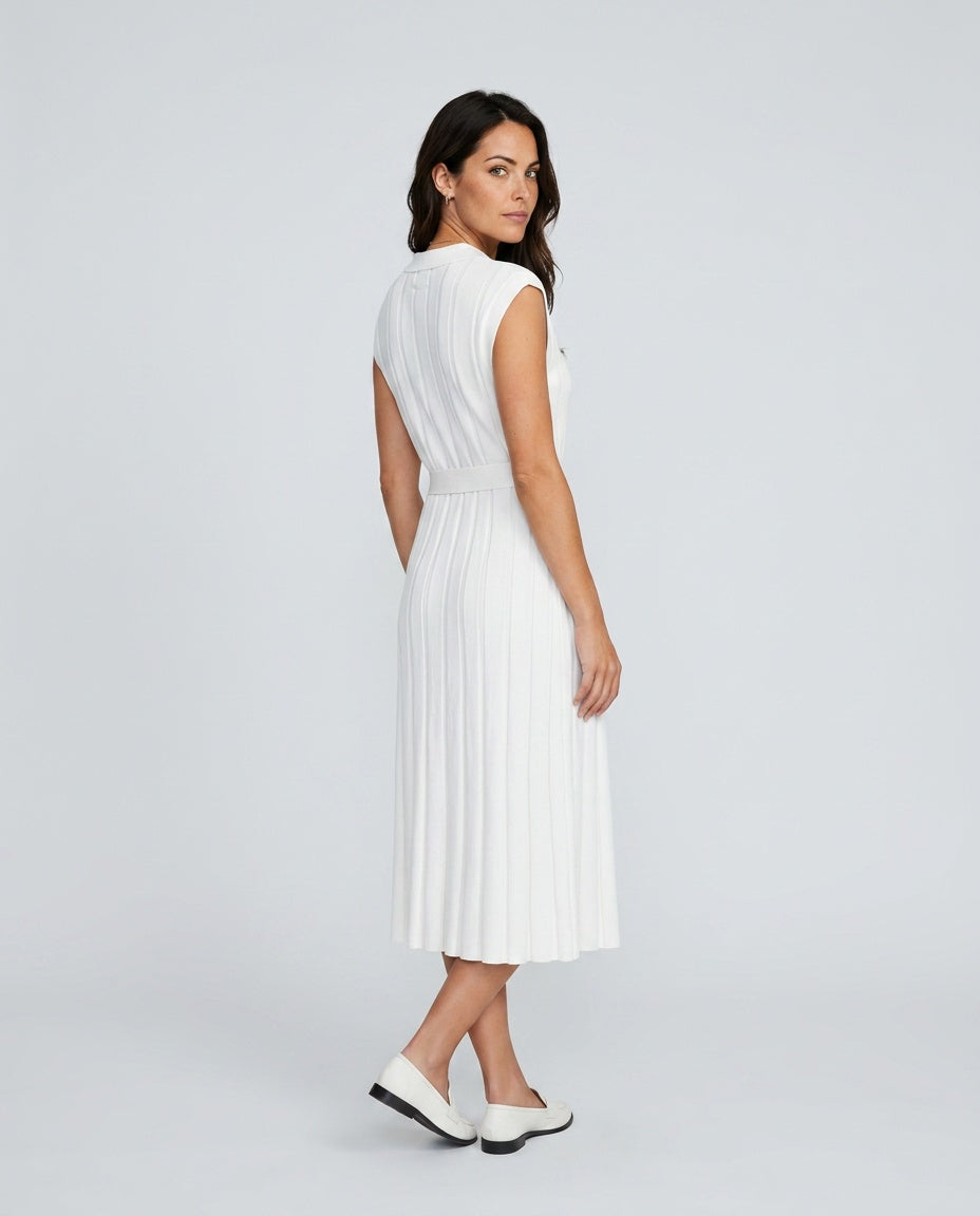 Etta Pleated Sleeveless Belted A-Line Midi Dress - White