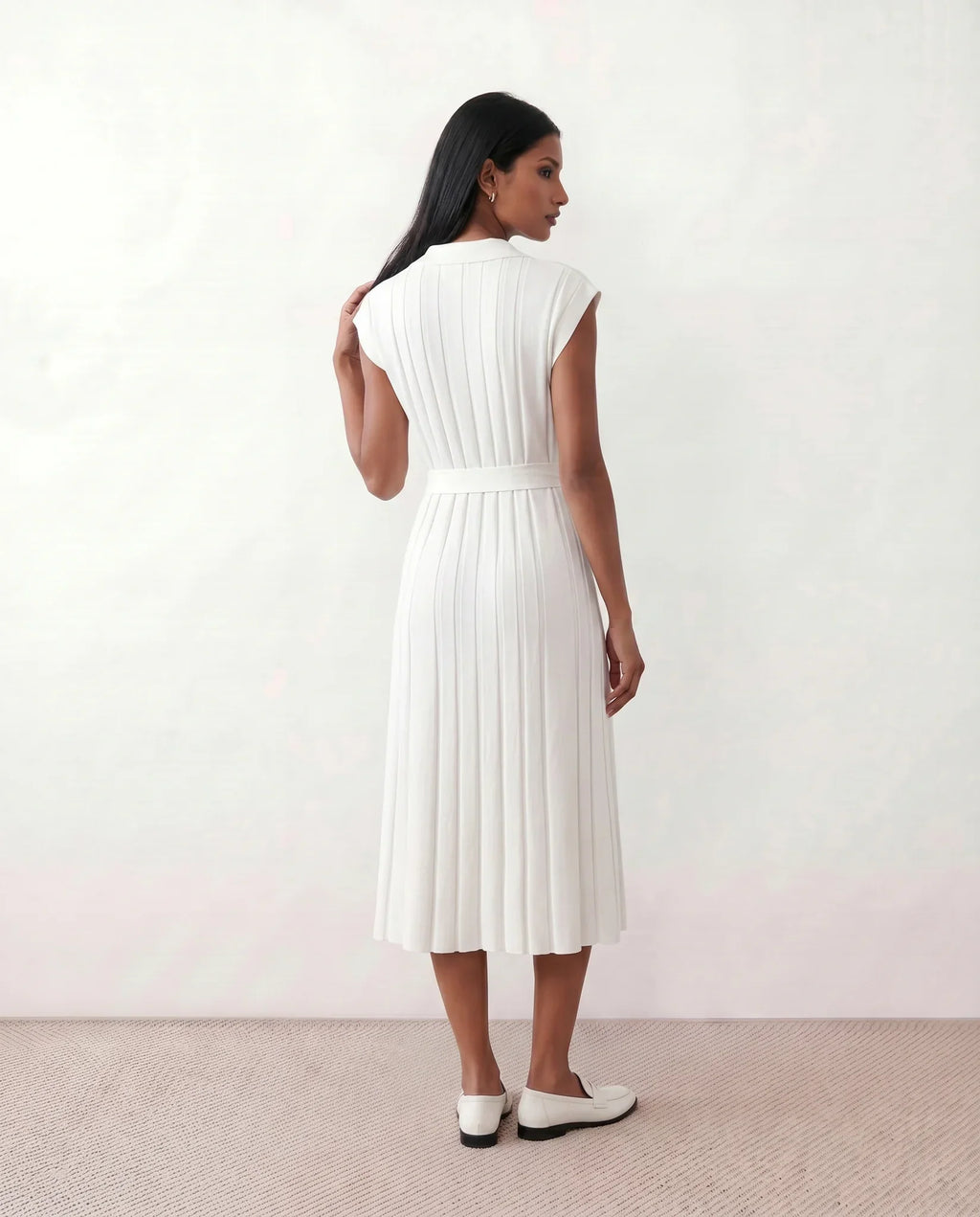 Etta Pleated Sleeveless Belted A-Line Midi Dress - White