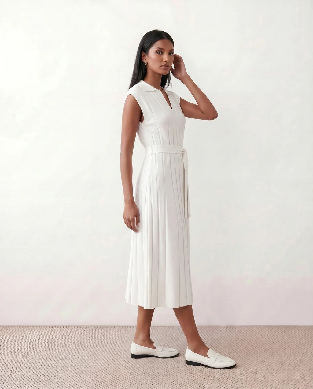 Etta Pleated Sleeveless Belted A-Line Midi Dress - White