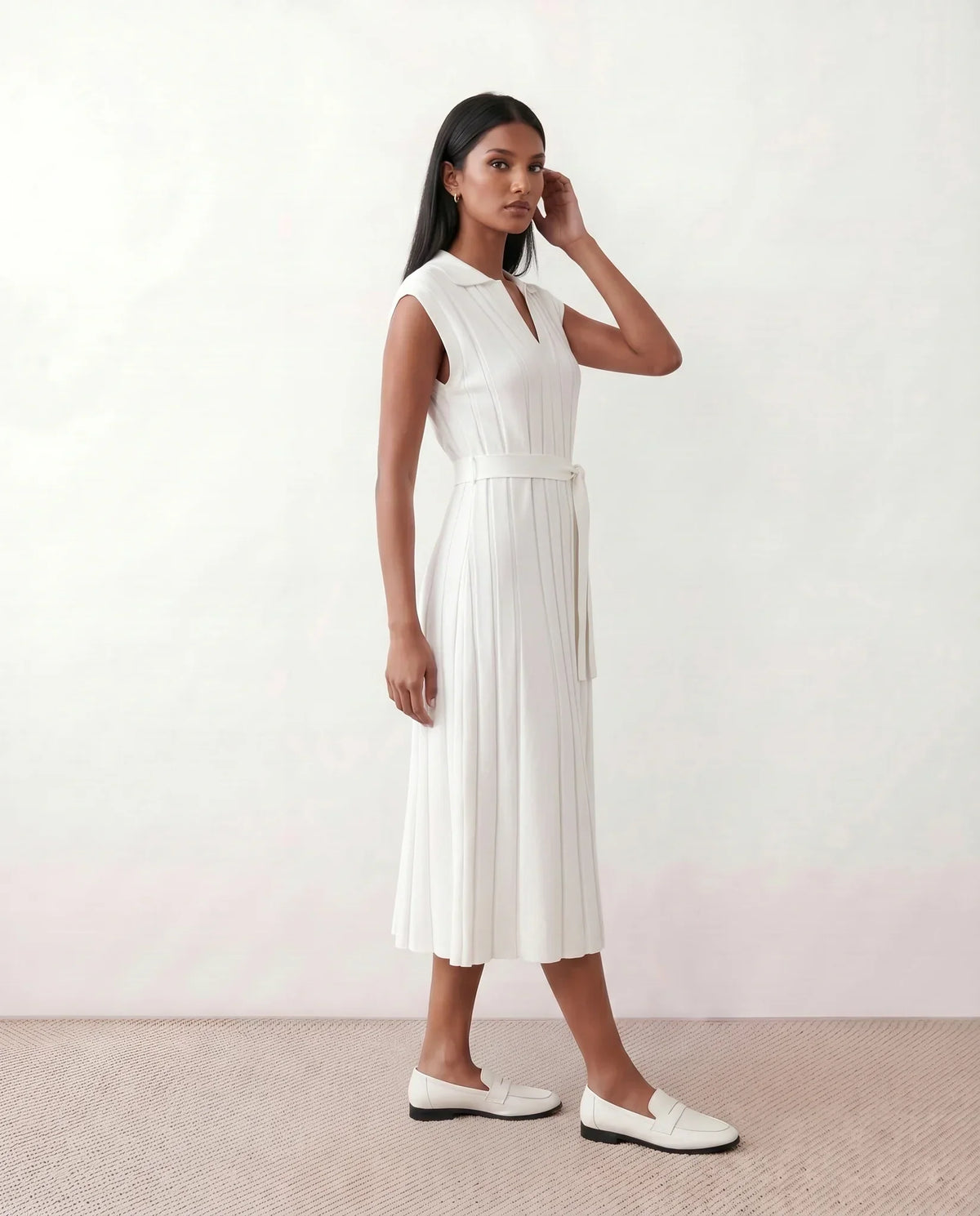 Etta Pleated Sleeveless Belted A-Line Midi Dress - White