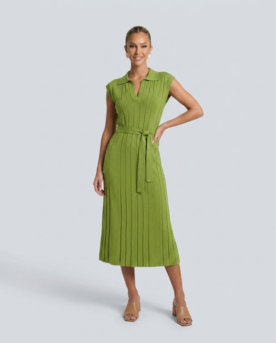 Etta Pleated Sleeveless Belted A-Line Midi Dress - Green