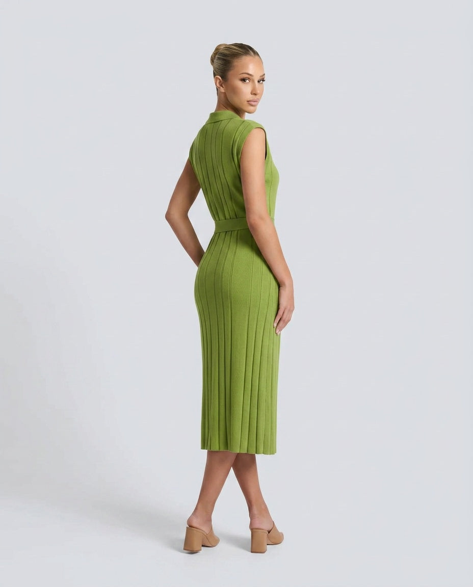 Etta Pleated Sleeveless Belted A-Line Midi Dress - Green