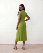 Etta Pleated Sleeveless Belted A-Line Midi Dress - Green