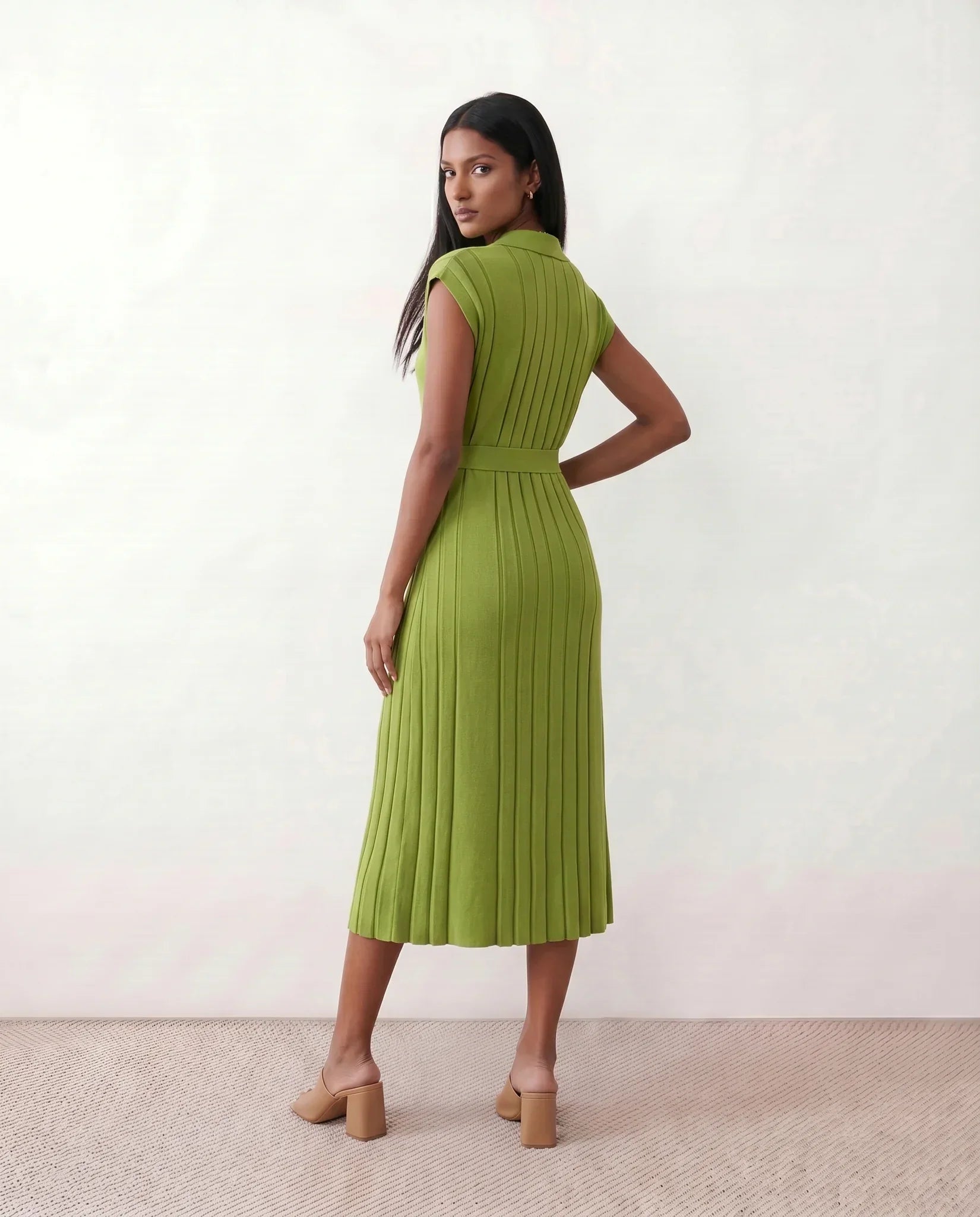 Etta Pleated Sleeveless Belted A-Line Midi Dress - Green