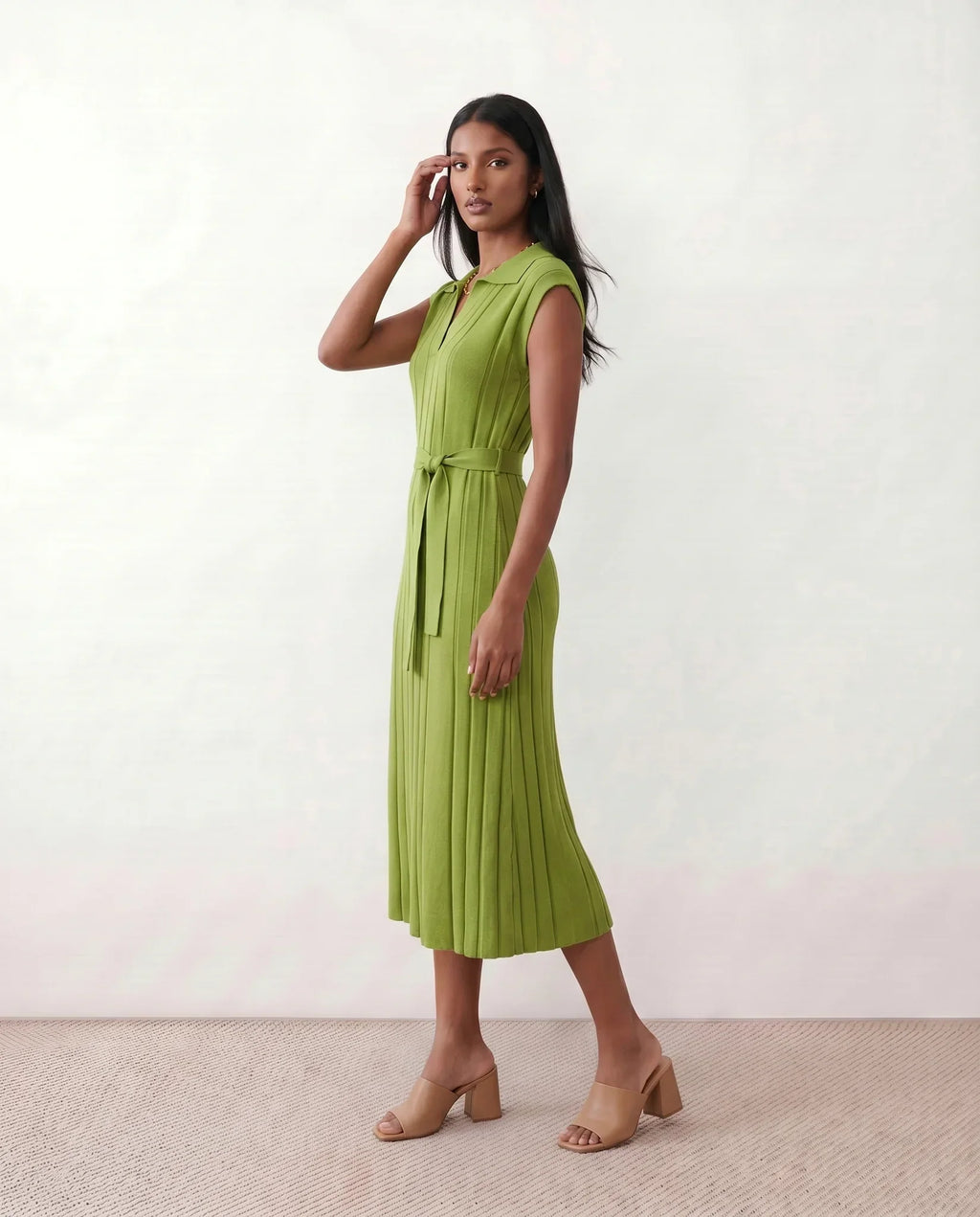 Etta Pleated Sleeveless Belted A-Line Midi Dress - Green