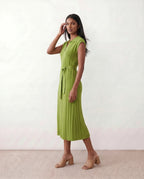 Etta Pleated Sleeveless Belted A-Line Midi Dress - Green