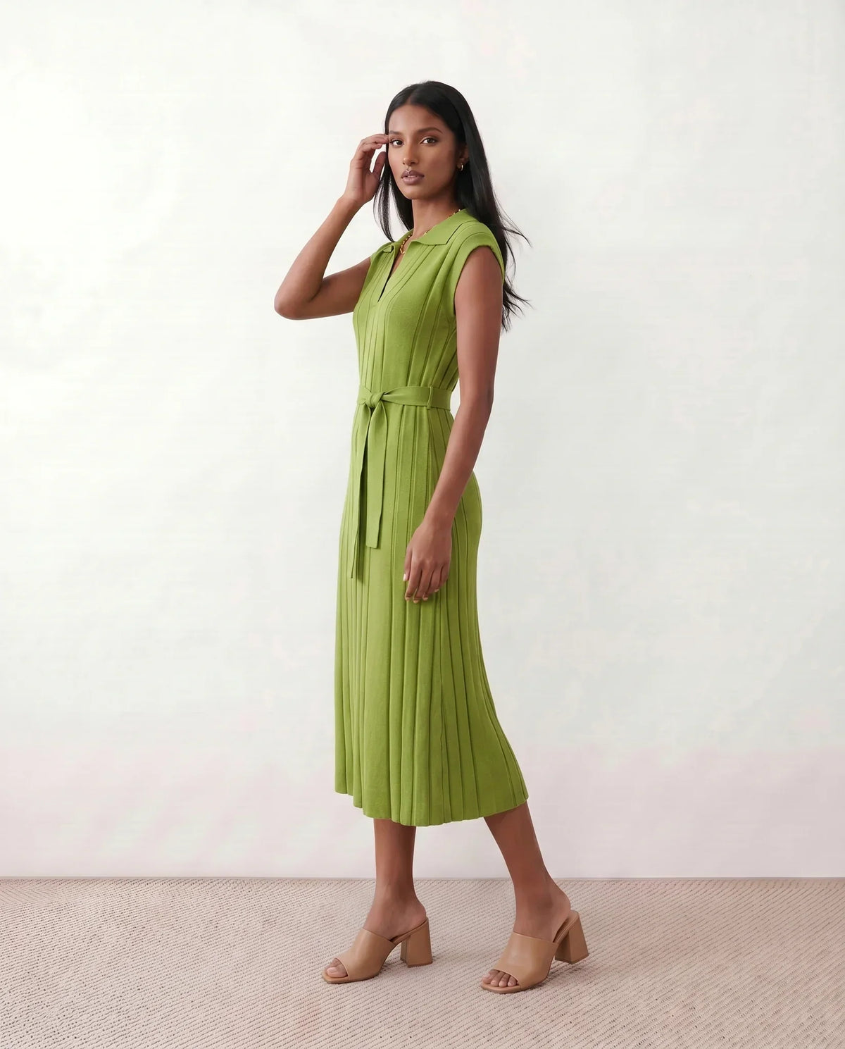 Etta Pleated Sleeveless Belted A-Line Midi Dress - Green