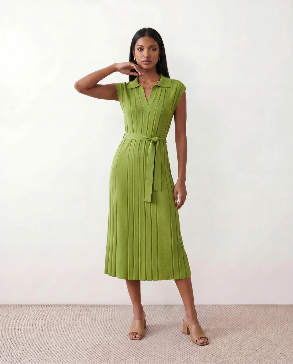 Etta Pleated Sleeveless Belted A-Line Midi Dress - Green