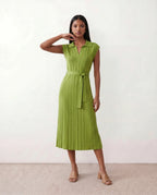 Etta Pleated Sleeveless Belted A-Line Midi Dress - Green