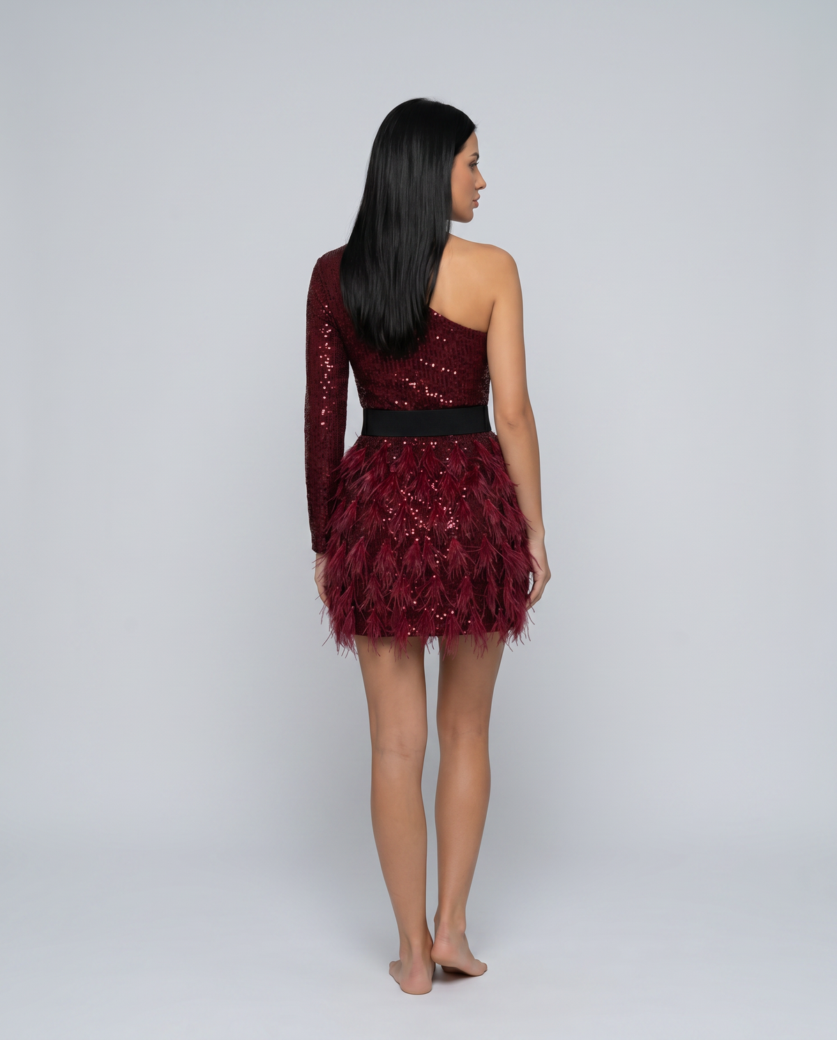 Eva One Shoulder Sequin Feather Trim Mini Dress - Red