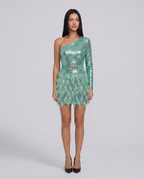 Eva One Shoulder Sequin Feather Trim Mini Dress - Green