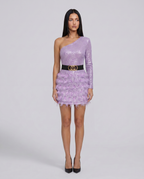 Eva One Shoulder Sequin Feather Trim Mini Dress - Purple