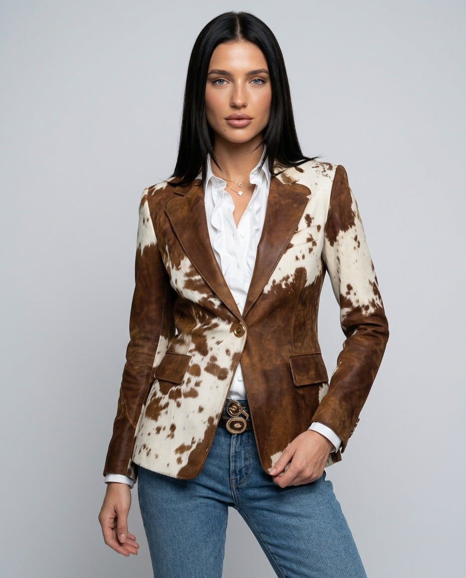 Fleur Brown Animal Print Faux Leather Look Blazer - Brown