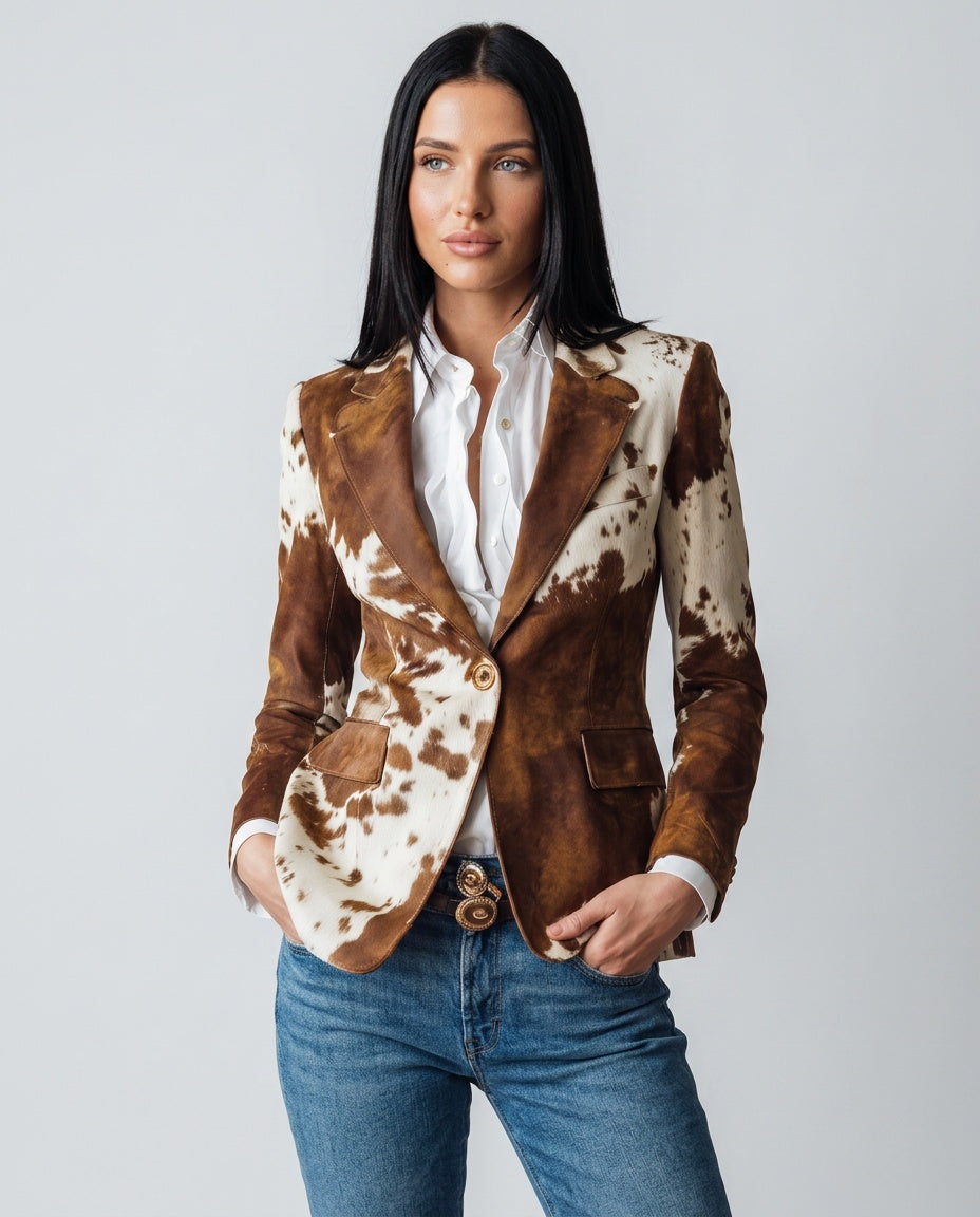 Fleur Brown Animal Print Faux Leather Look Blazer - Brown