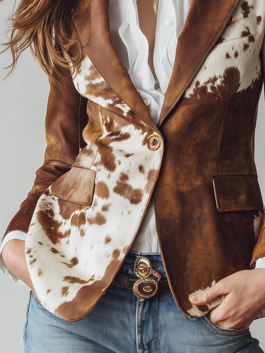 Fleur Brown Animal Print Faux Leather Look Blazer - Brown