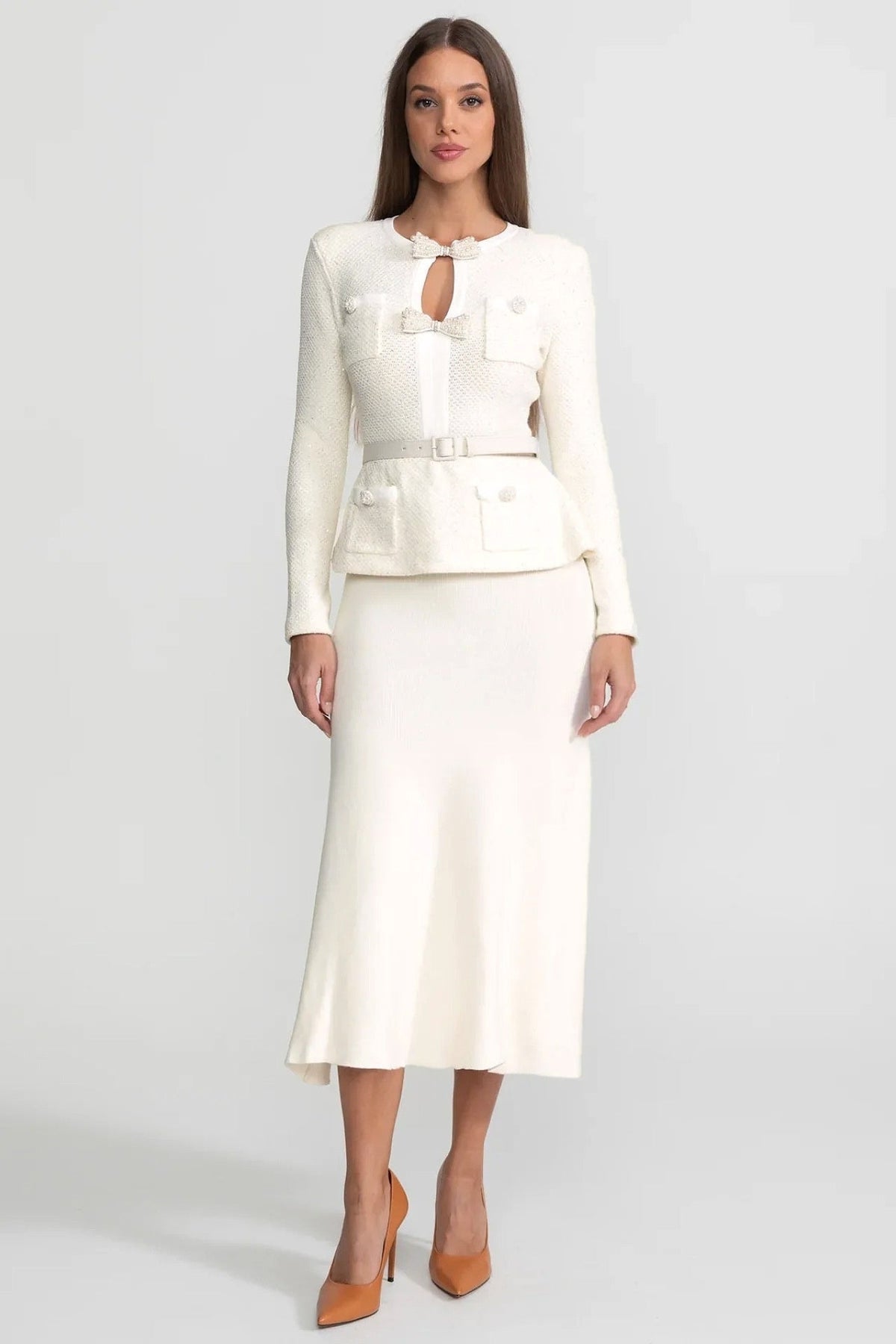 Fleur Long Sleeve Rib Knit Belted Peplum Midi Dress - White