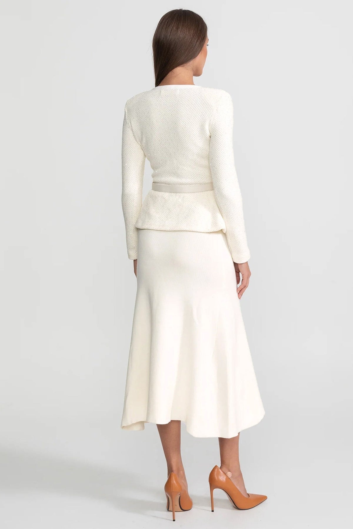 Fleur Long Sleeve Rib Knit Belted Peplum Midi Dress - White