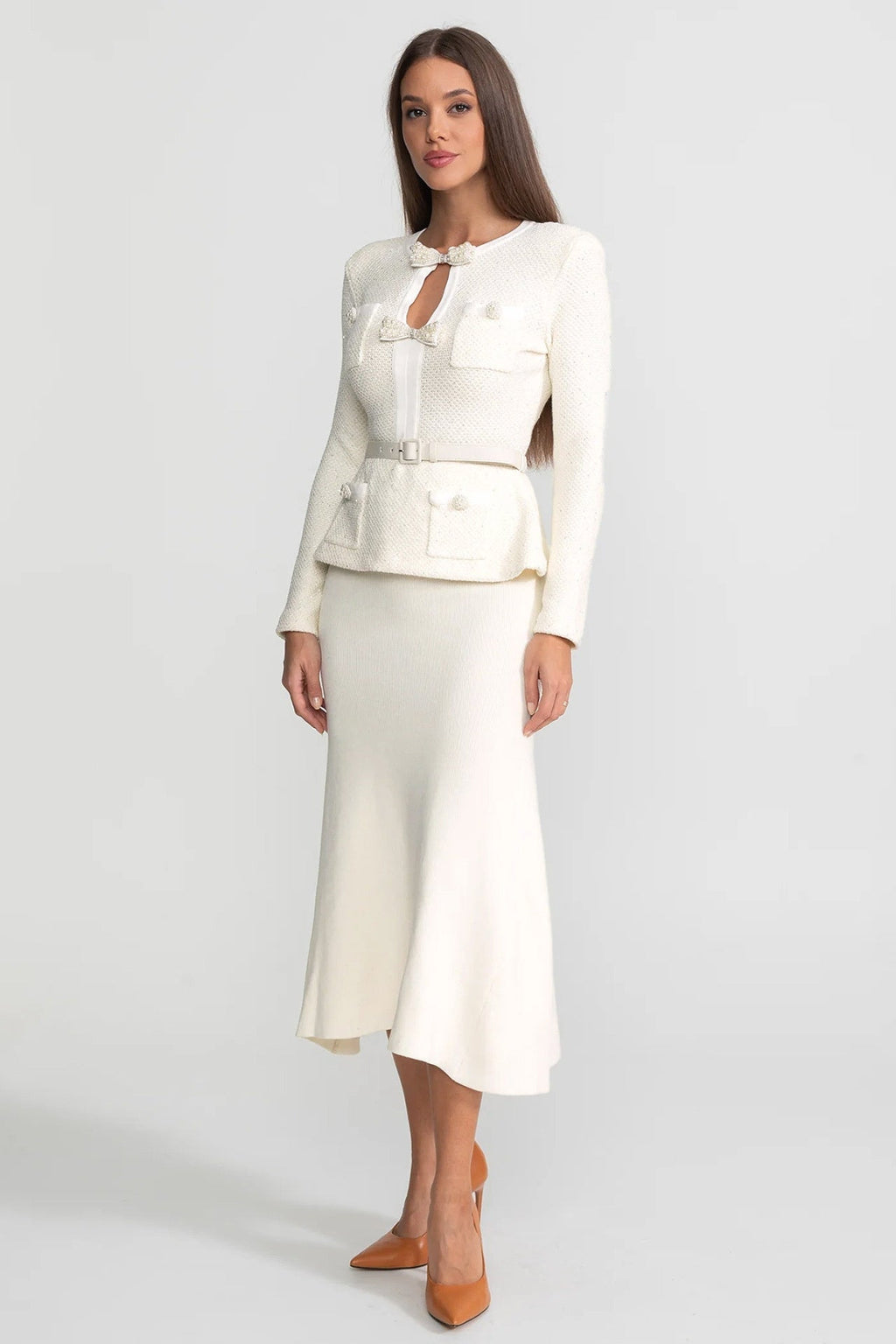 Fleur Long Sleeve Rib Knit Belted Peplum Midi Dress - White