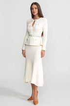 Fleur Long Sleeve Rib Knit Belted Peplum Midi Dress - White