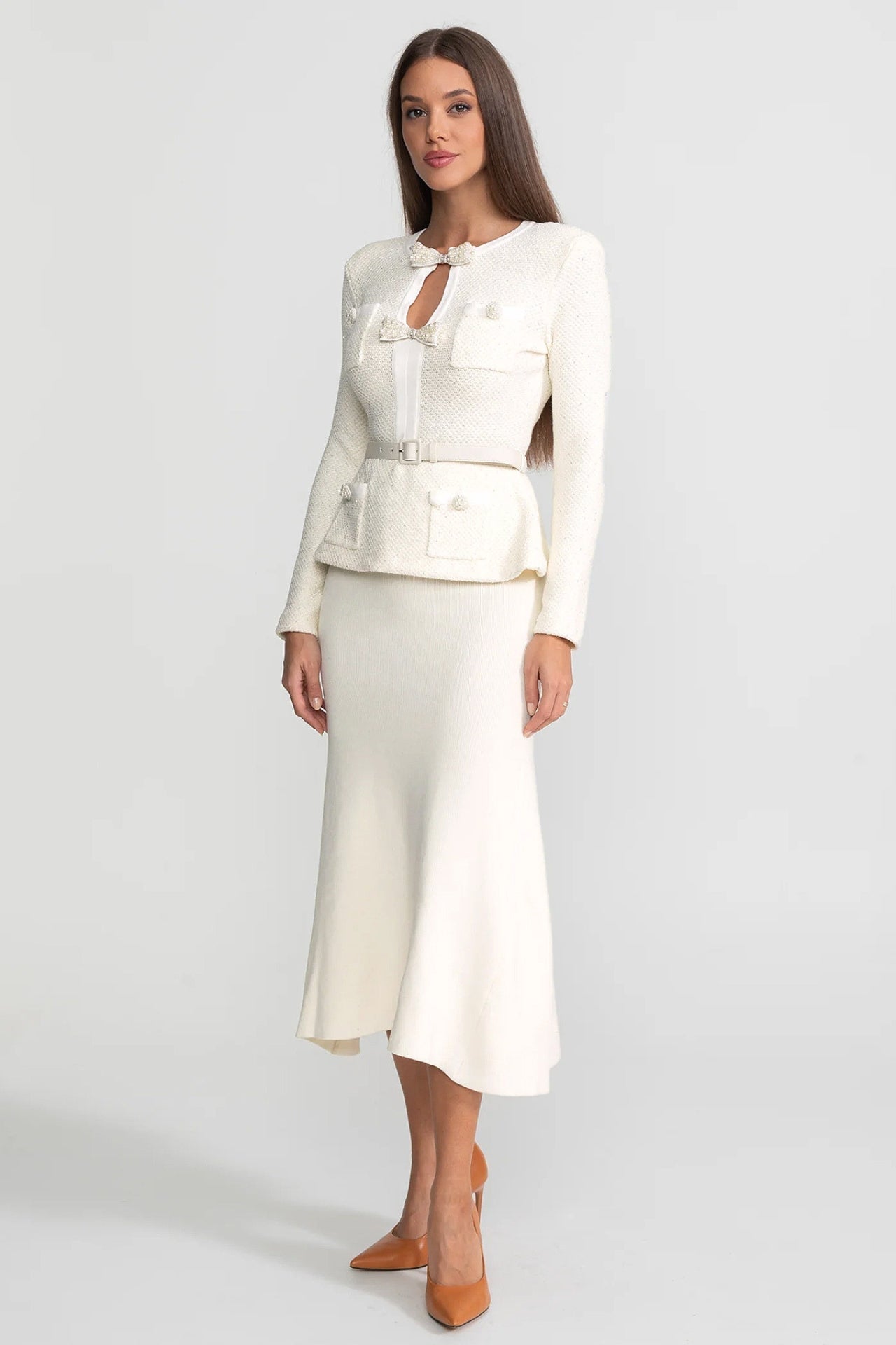 Fleur Long Sleeve Rib Knit Belted Peplum Midi Dress - White