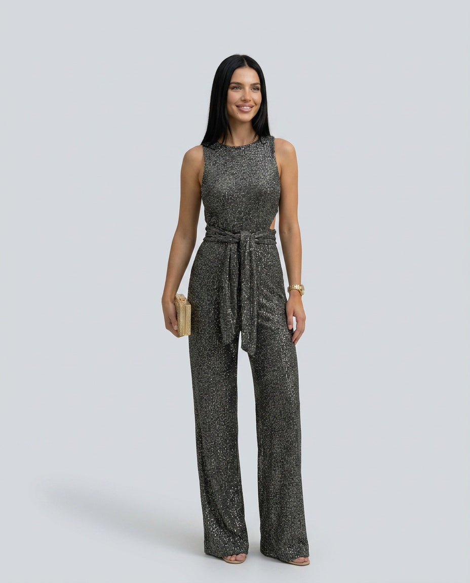 Frankie Sleeveless Sequin Wide Leg Evening Jumpsuit - Black