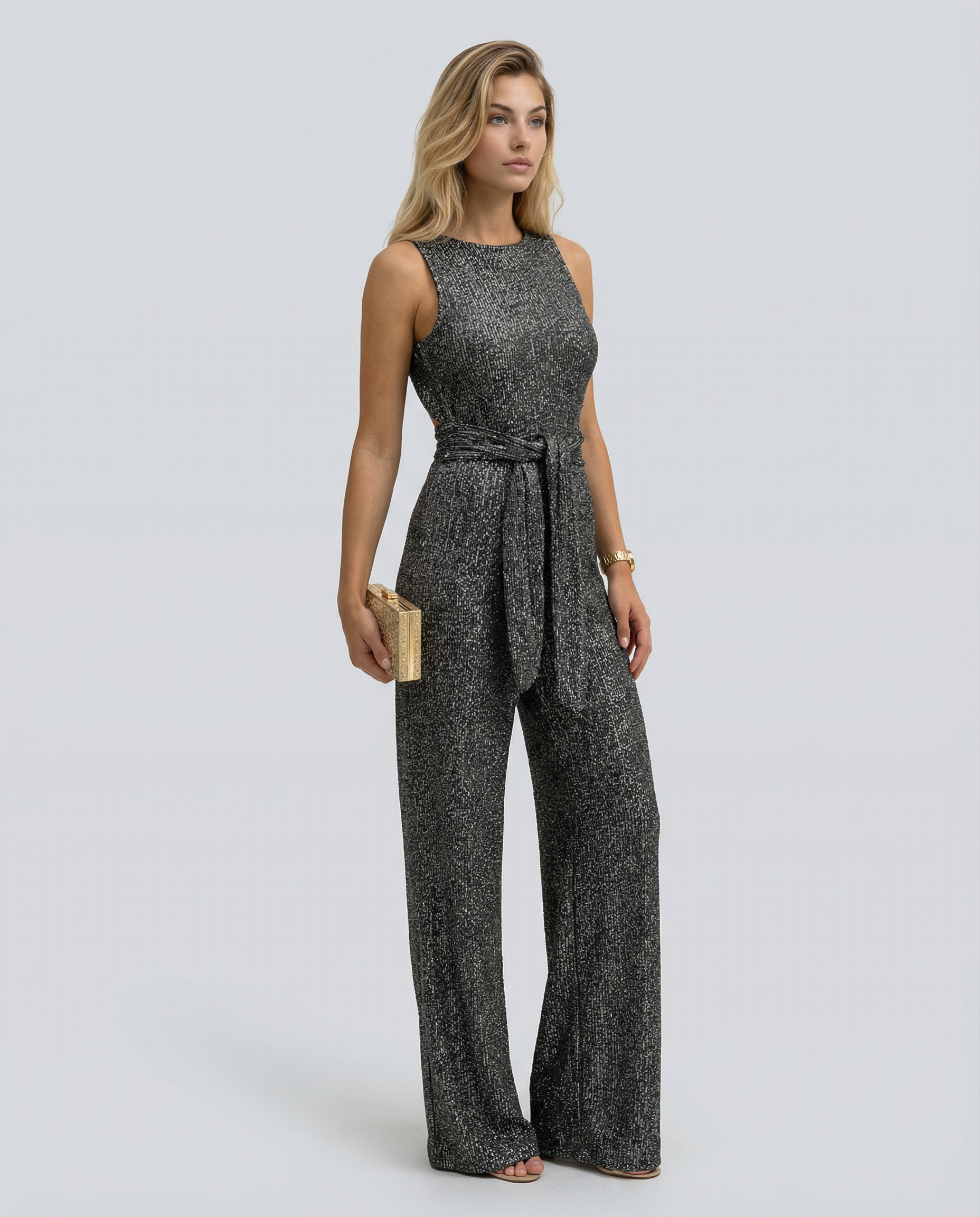 Frankie Sleeveless Sequin Wide Leg Evening Jumpsuit - Black