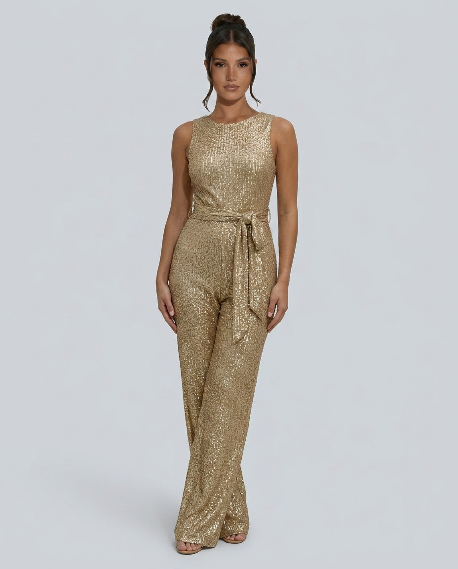 Frankie Sleeveless Sequin Wide Leg Evening Jumpsuit - Gold