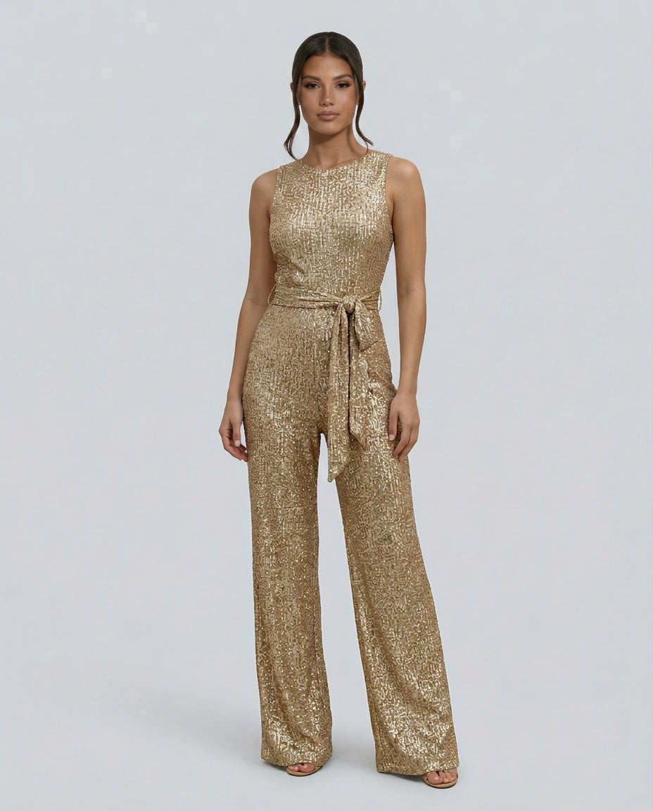 Frankie Sleeveless Sequin Wide Leg Evening Jumpsuit - Gold