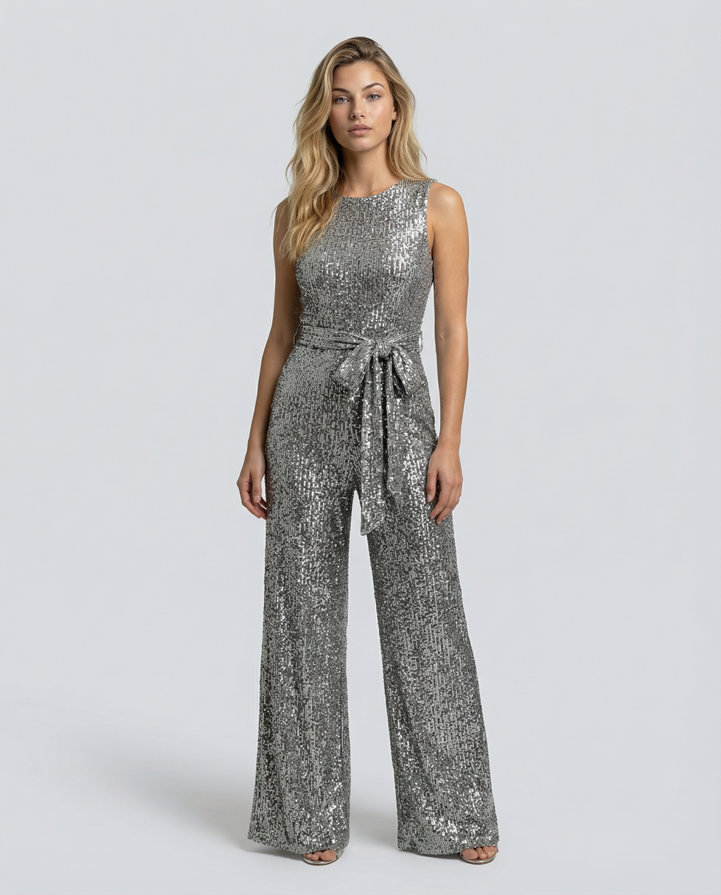 Frankie Sleeveless Sequin Wide Leg Evening Jumpsuit - Silver