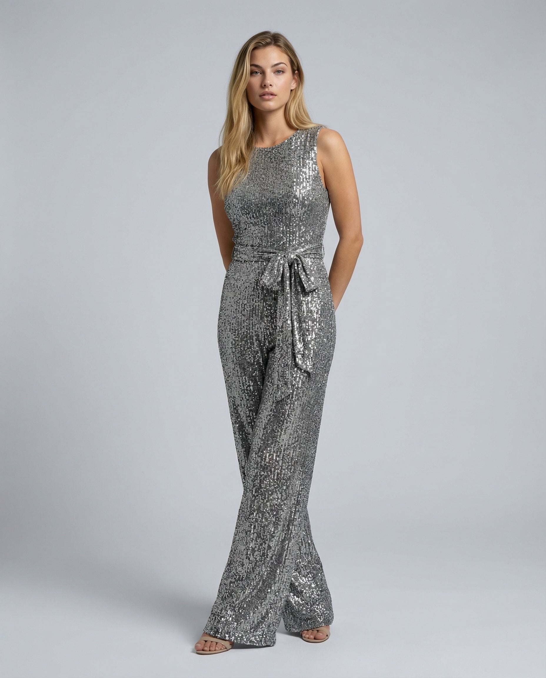 Frankie Sleeveless Sequin Wide Leg Evening Jumpsuit - Silver