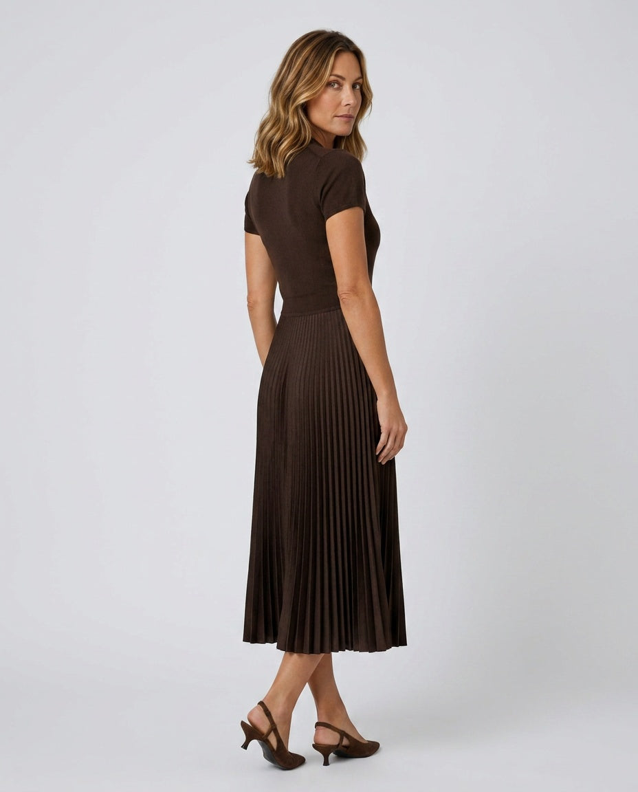 Gabriela Short Sleeve Pleated Collared Midi Dress - Brown