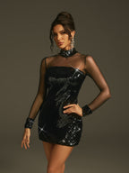 Gemma Black Sequin Mesh Long Sleeve Mini Dress - Black