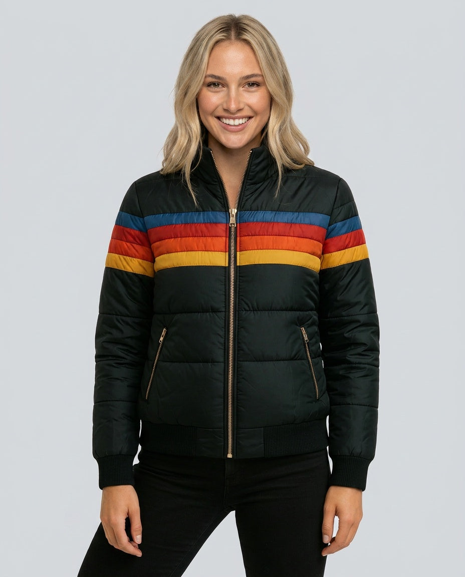 Gemma Striped High Neck Woven Hip-Length Jacket - Black