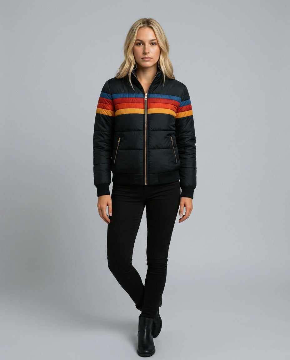 Gemma Striped High Neck Woven Hip-Length Jacket - Black